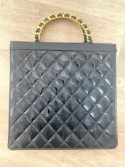 1990s Vintage CHANEL Black Matelassé Patent Enamel Shopper Bag with Gold Chain Handles | Quilted Classic Daily Bag | 050120an2re
