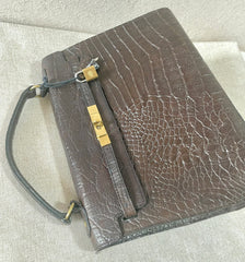 Vintage Mulberry darkbrown croc embossed leather Kelly bag with shoulder strap. Roger Saul era. Rare masterpiece. 070220yf
