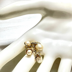 Vintage Yves Saint Laurent golden dangling earrings with crystals and teardrop white faux pearls.  Rare YSL jewelry. 060604ac1