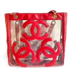1990s Vintage CHANEL clear vinyl & red leather shoulder tote bag with CC appliqués, gold chain. 050919ac1