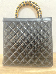 1990s Vintage CHANEL Black Matelassé Patent Enamel Shopper Bag with Gold Chain Handles | Quilted Classic Daily Bag | 050120an2re