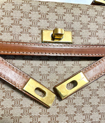 Vintage Celine cream beige triomphe macadam pattern handbag with brown leather trimmings. Classic purse from 90s Celine. 071104ac2