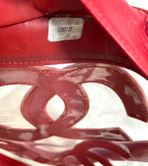 1990s Vintage CHANEL clear vinyl & red leather shoulder tote bag with CC appliqués, gold chain. 050919ac1