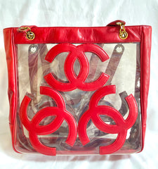 1990s Vintage CHANEL clear vinyl & red leather shoulder tote bag with CC appliqués, gold chain. 050919ac1