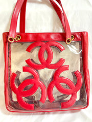 1990s Vintage CHANEL clear vinyl & red leather shoulder tote bag with CC appliqués, gold chain. 050919ac1