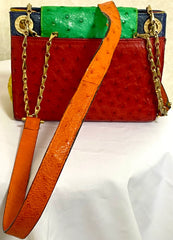 Vintage Celine genuine ostrich shoulder bag with gold tone chains and red, orange, blue, green, and yellow patchwork design. 050410ac1