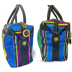 Vintage Gianni Versace duffle handbag in blue, yellow, green and other color fabric and black leather combination. 060810y1