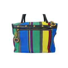 Vintage Gianni Versace duffle handbag in blue, yellow, green and other color fabric and black leather combination. 060810y1