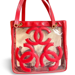 1990s Vintage CHANEL clear vinyl & red leather shoulder tote bag with CC appliqués, gold chain. 050919ac1