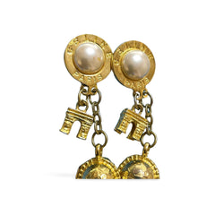 Vintage Celine golden round frame faux pearl dangle earrings with triomphe and golden ball charm. 060114ya2