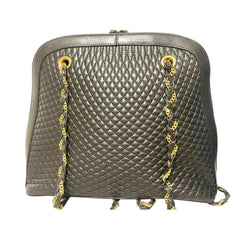 Vintage BALLY Black Quilted Lambskin Leather Shoulder Tote Bag Gold Logo Charms Chain Straps 080819ys3