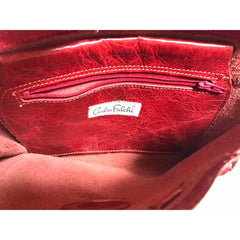 Vintage Carlos Falchi black and red leather book design messenger shoulder bag with emblem embroidery. 0602063