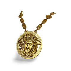 90s Vintage Gianni Versace Runway necklace with extra large Medusa face pendant top. Can be worn as a belt as well. Must have masterpiece. 061109y1