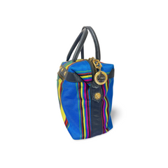 Vintage Gianni Versace duffle handbag in blue, yellow, green and other color fabric and black leather combination. 060810y1