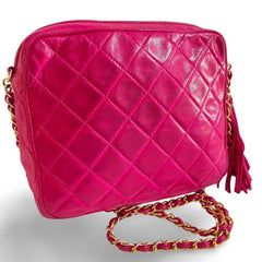 Vintage CHANEL Bright Pink / Fuchsia Lambskin Camera Style Chain Shoulder Bag with CC Stitched Flap and Tassel. Collectible Purse. 050919ac2