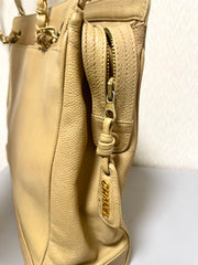 Vintage CHANEL brown beige caviar leather chain tote bag, shoulder purse with CC stitch marks. Classic and daily use bag. 070429re
