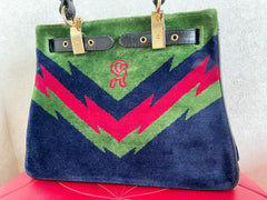 Vintage Roberta di Camerino navy, green, and red thunder chevron velvet weaving doctor bag with buckle strap leather handles. 0406221