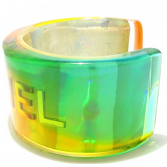 Vintage Chanel plastic aurora resin cuff link bangle/ bracelet with golden logo. Must have gorgeous jewelry. 060904br