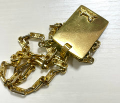 Vintage Celine golden necklace with triomphe chains and a carriage and logo featured rectangular plate top. 070218ys2