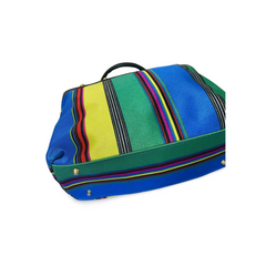Vintage Gianni Versace duffle handbag in blue, yellow, green and other color fabric and black leather combination. 060810y1