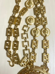90s Vintage Gianni Versace Runway necklace with extra large Medusa face pendant top. Can be worn as a belt as well. Must have masterpiece. 070818y1
