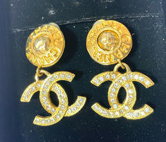 Vintage CHANEL dangle earrings with crystal CC motif and round logo embossed motif on top. Gorgeous vintage Chanel jewelry. 061214y1