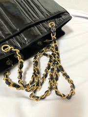 Vintage CHANEL 2.55 combo design black patent enamel chain shoulder bag with vertical stiches and golden CC closure hock. 050815ac2