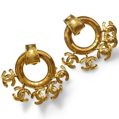 1990s. Vintage CHANEL Gold tone extra large hoop dangle earrings with dangling mini CC mark motifs. Must have gorgeous jewelry. 070617ac1