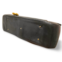 Vintage Bally black leather retro pop design bag, business purse with gold tone drawstrings and unique flap cut design.  Unisex use. 160315