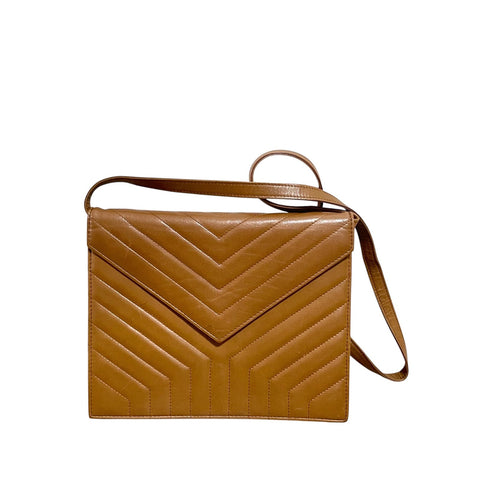 Vintage Yves Saint Laurent camel brown leather shoulder bag featuring iconic V and Y chevron stitching. 080728ac4