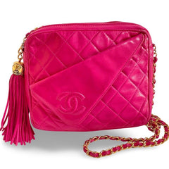 Vintage CHANEL Bright Pink / Fuchsia Lambskin Camera Style Chain Shoulder Bag with CC Stitched Flap and Tassel. Collectible Purse. 050919ac2
