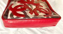 1990s Vintage CHANEL clear vinyl & red leather shoulder tote bag with CC appliqués, gold chain. 050919ac1