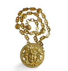 90s Vintage Gianni Versace Runway necklace with extra large Medusa face pendant top. Can be worn as a belt as well. Must have masterpiece. 061109y1