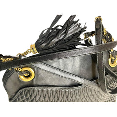 Vintage BALLY black quilted leather oval top shape shoulder bag with a fringe and golden B charm. Classic daily use design. 080819ys4