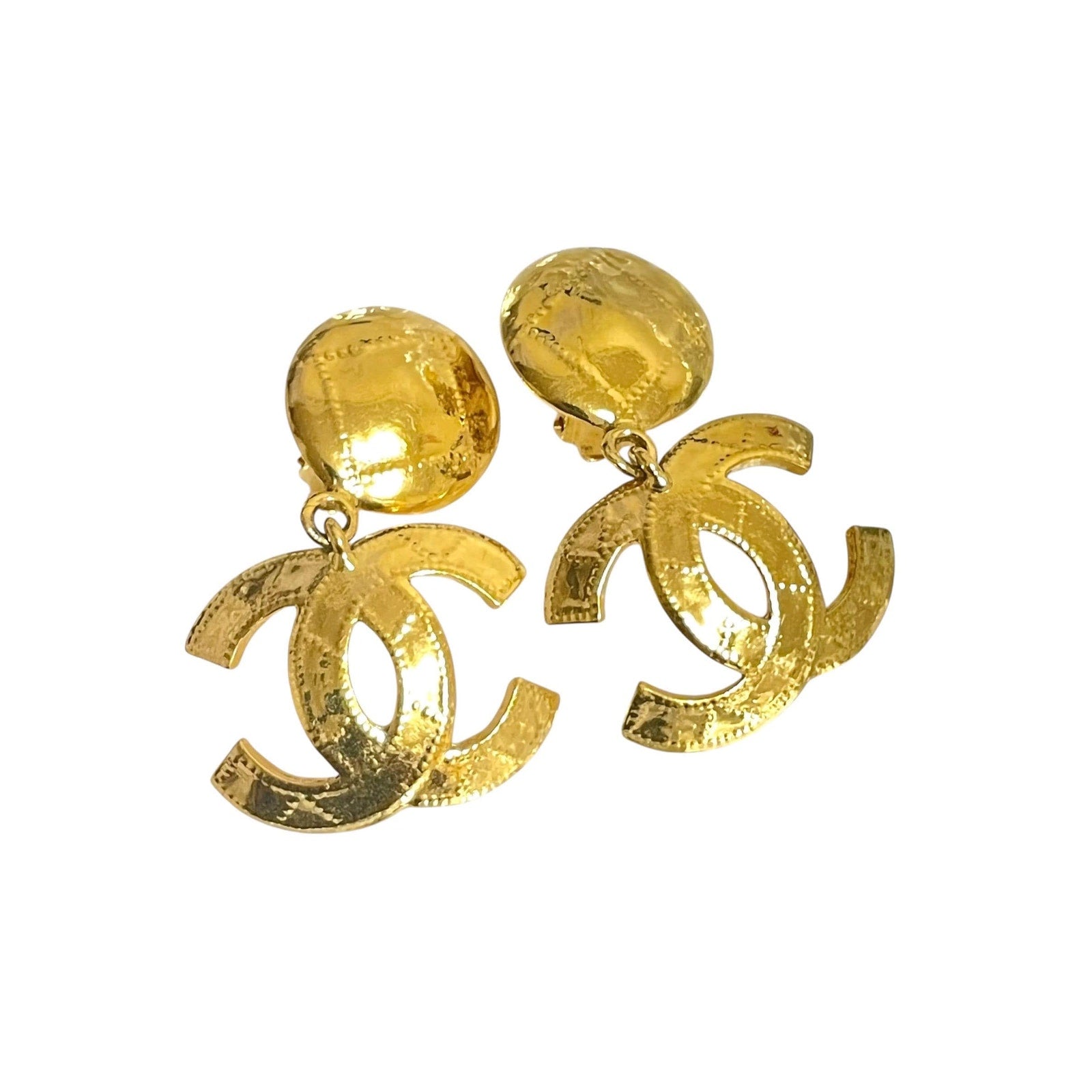 1990s Vintage CHANEL Large CC Dangle Earrings with Quilted Stitch Design. Gold-Tone Coco Mark Statement Jewelry. 080915ac1