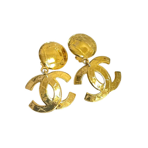 1990s Vintage CHANEL Large CC Dangle Earrings with Quilted Stitch Design. Gold-Tone Coco Mark Statement Jewelry. 080915ac1