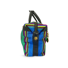Vintage Gianni Versace duffle handbag in blue, yellow, green and other color fabric and black leather combination. 060810y1