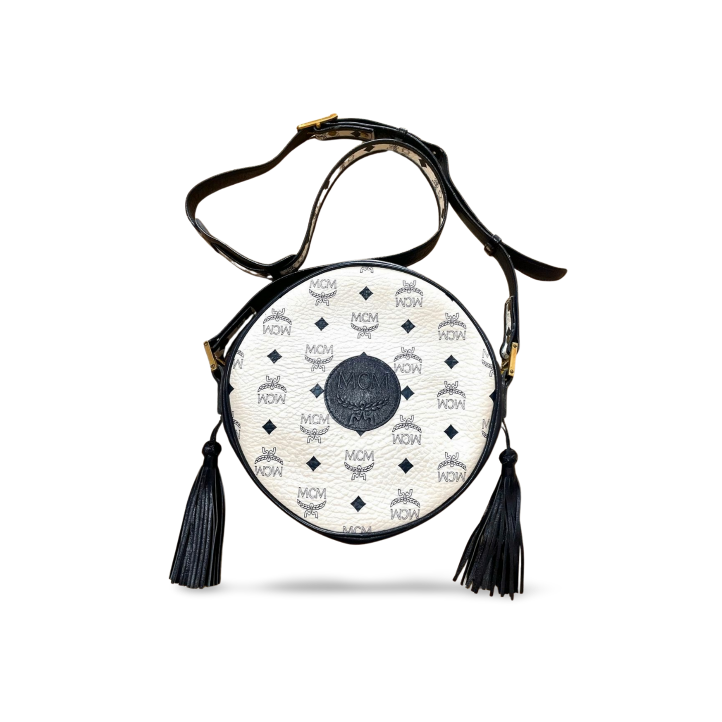 1990s Vintage MCM Suzy Wong Round Shoulder Bag — White & Navy Monogram — Designed by Michael Cromer. 071113tr