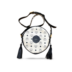 1990s Vintage MCM Suzy Wong Round Shoulder Bag — White & Navy Monogram — Designed by Michael Cromer. 071113tr