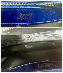 Vintage VERSACE croc embossed blue leather handbag with gold tone buckle motif. Avant Garde Lady gaga style. 070527ac3