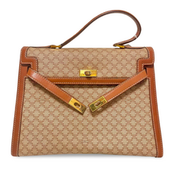 Vintage Celine cream beige triomphe macadam pattern handbag with brown leather trimmings. Classic purse from 90s Celine. 071104ac2