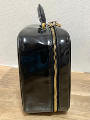 Vintage CHANEL Black Patent Enamel Vanity Bag — Lunchbox Shape Shoulder Bag with Large CC Stitch Motif — 080116re1