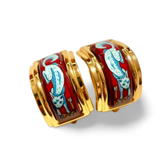 Vintage Hermes cloisonne enamel golden earrings with blue fox design. Classic Hermes jewelry. 060924ac1