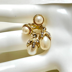 Vintage Yves Saint Laurent golden dangling earrings with crystals and teardrop white faux pearls.  Rare YSL jewelry. 060604ac1