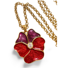 Vintage Yves Saint Laurent golden chain necklace with purple and red pansy flower top. 061001ac1