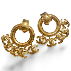 1990s. Vintage CHANEL Gold tone extra large hoop dangle earrings with dangling mini CC mark motifs. Must have gorgeous jewelry. 070617ac1