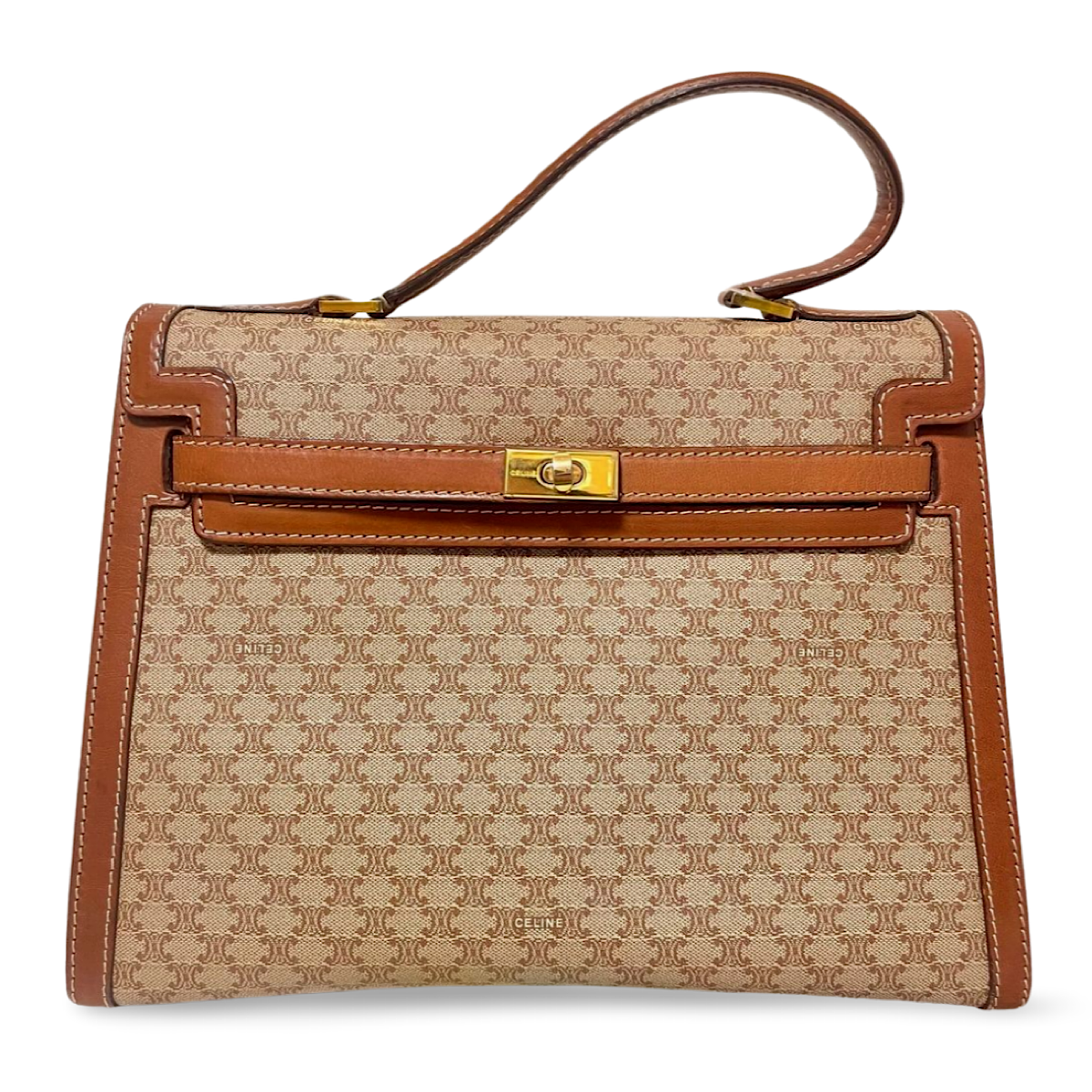 Vintage Celine cream beige triomphe macadam pattern handbag with brown leather trimmings. Classic purse from 90s Celine. 071104ac2