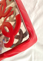 1990s Vintage CHANEL clear vinyl & red leather shoulder tote bag with CC appliqués, gold chain. 050919ac1