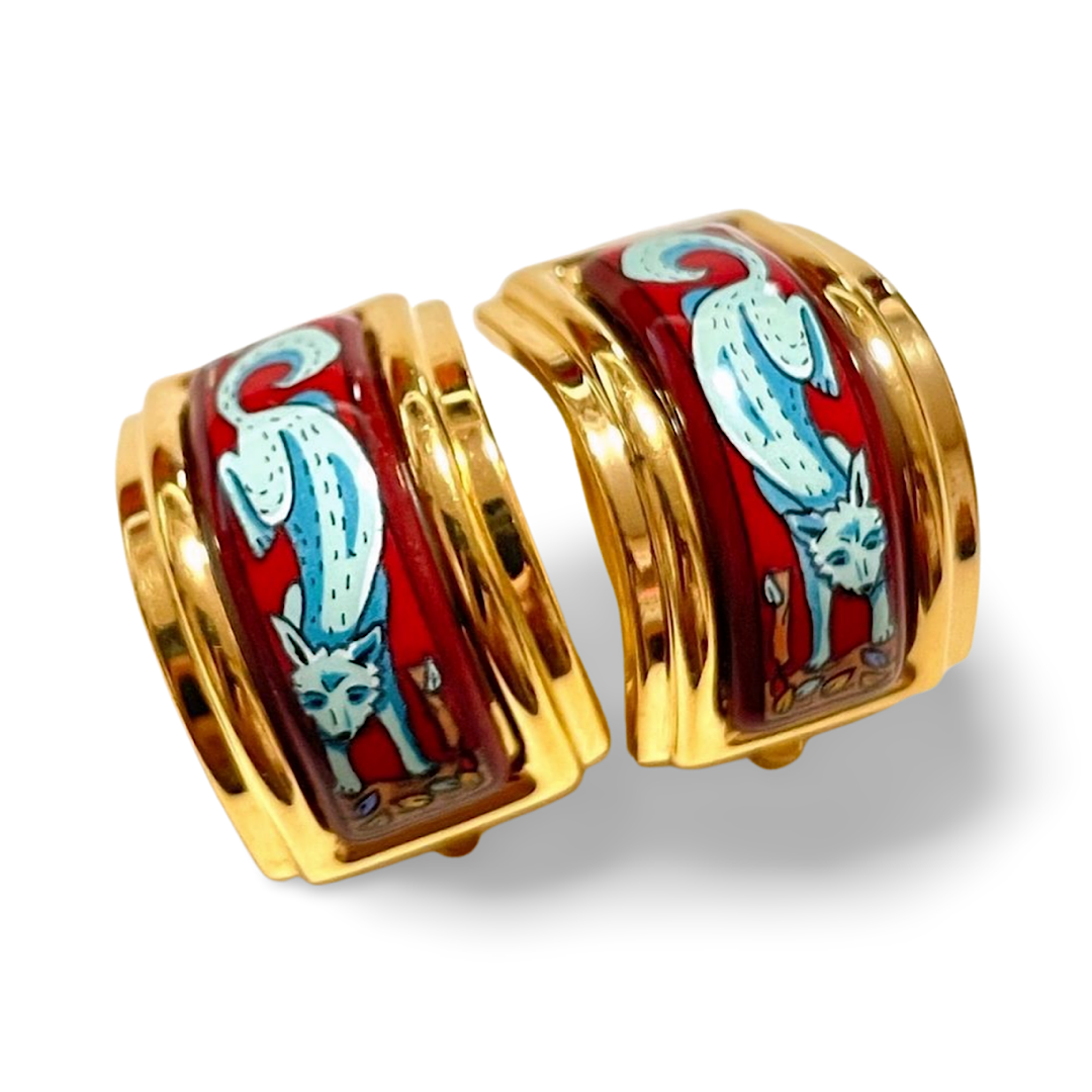 Vintage Hermes cloisonne enamel golden earrings with blue fox design. Classic Hermes jewelry. 060924ac1