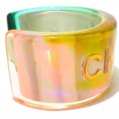 Vintage Chanel plastic aurora resin cuff link bangle/ bracelet with golden logo. Must have gorgeous jewelry. 060904br